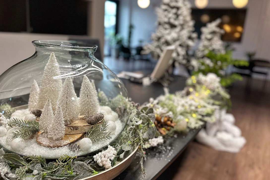 White commercial Christmas display installation