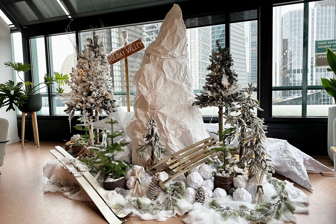 White commercial Christmas display installation