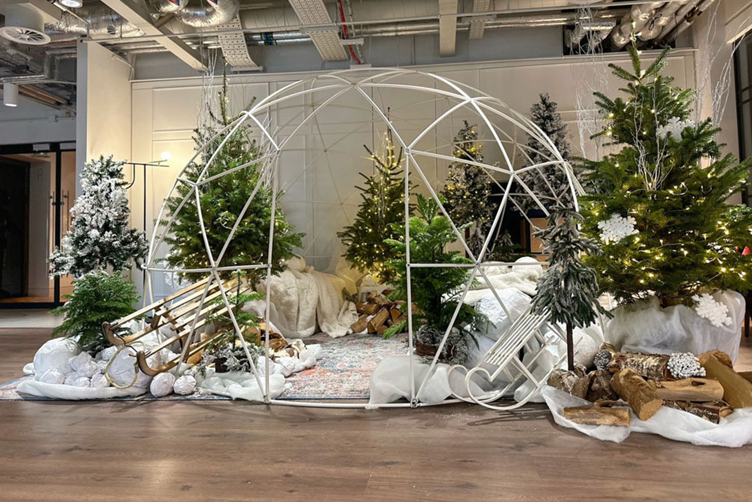 White commercial Christmas display installation
