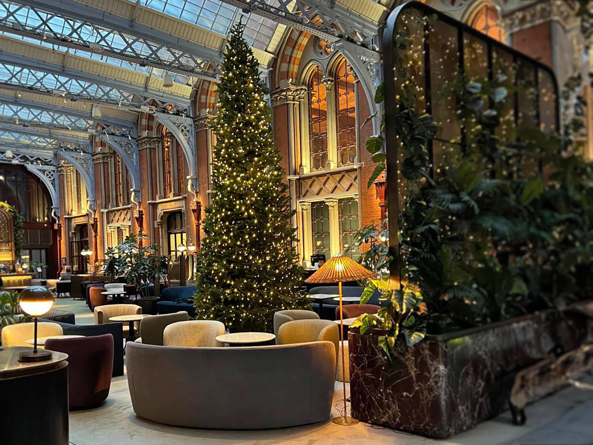 hotel lobby tall christmas tree installation