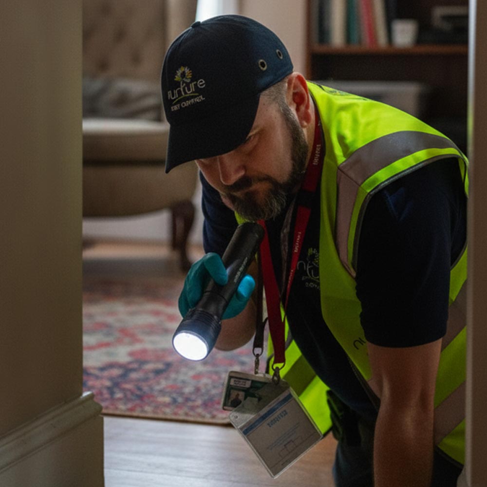 Domestic pest control technician inspecting UK home for rodents