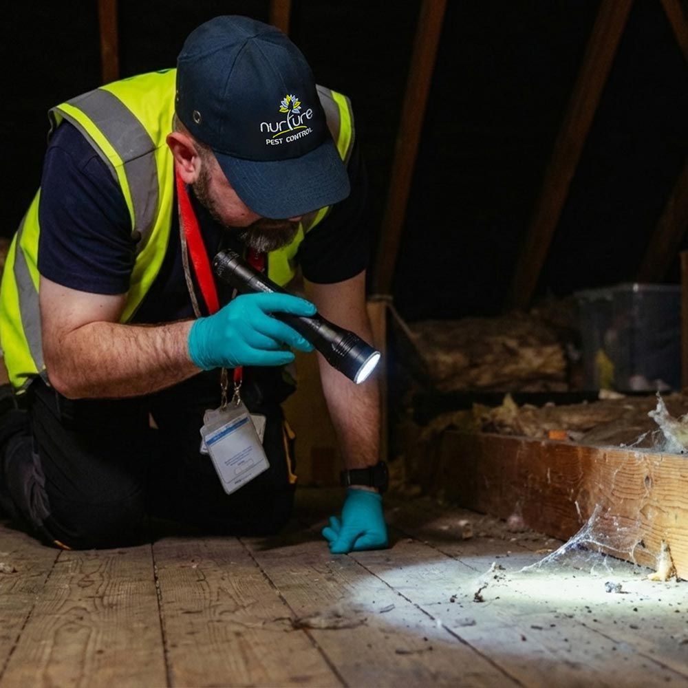 UK pest control specialist inspecting glis glis activity