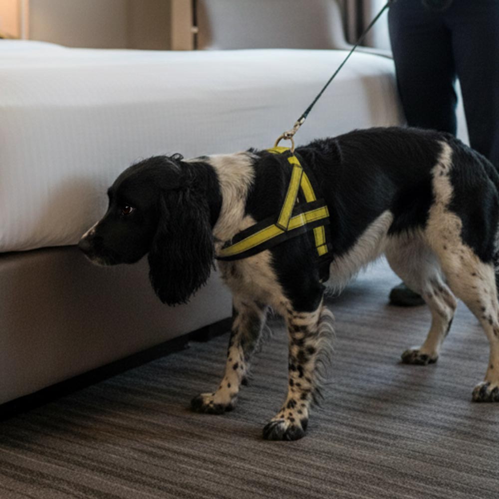 canine bed bug detection dog inspecting mattress in a hotel room